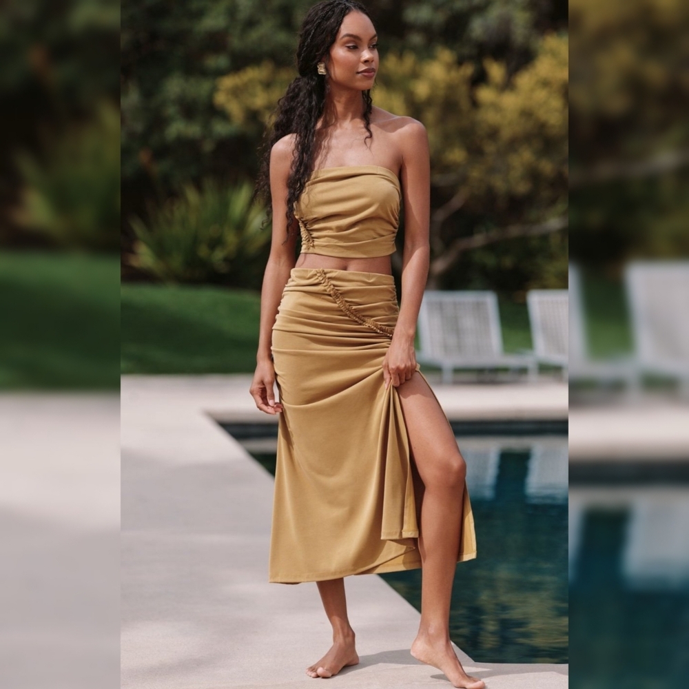 Anthropologie Celandine‎ The Gabbie Strapless Ruched Midi Set Bronze Size Large